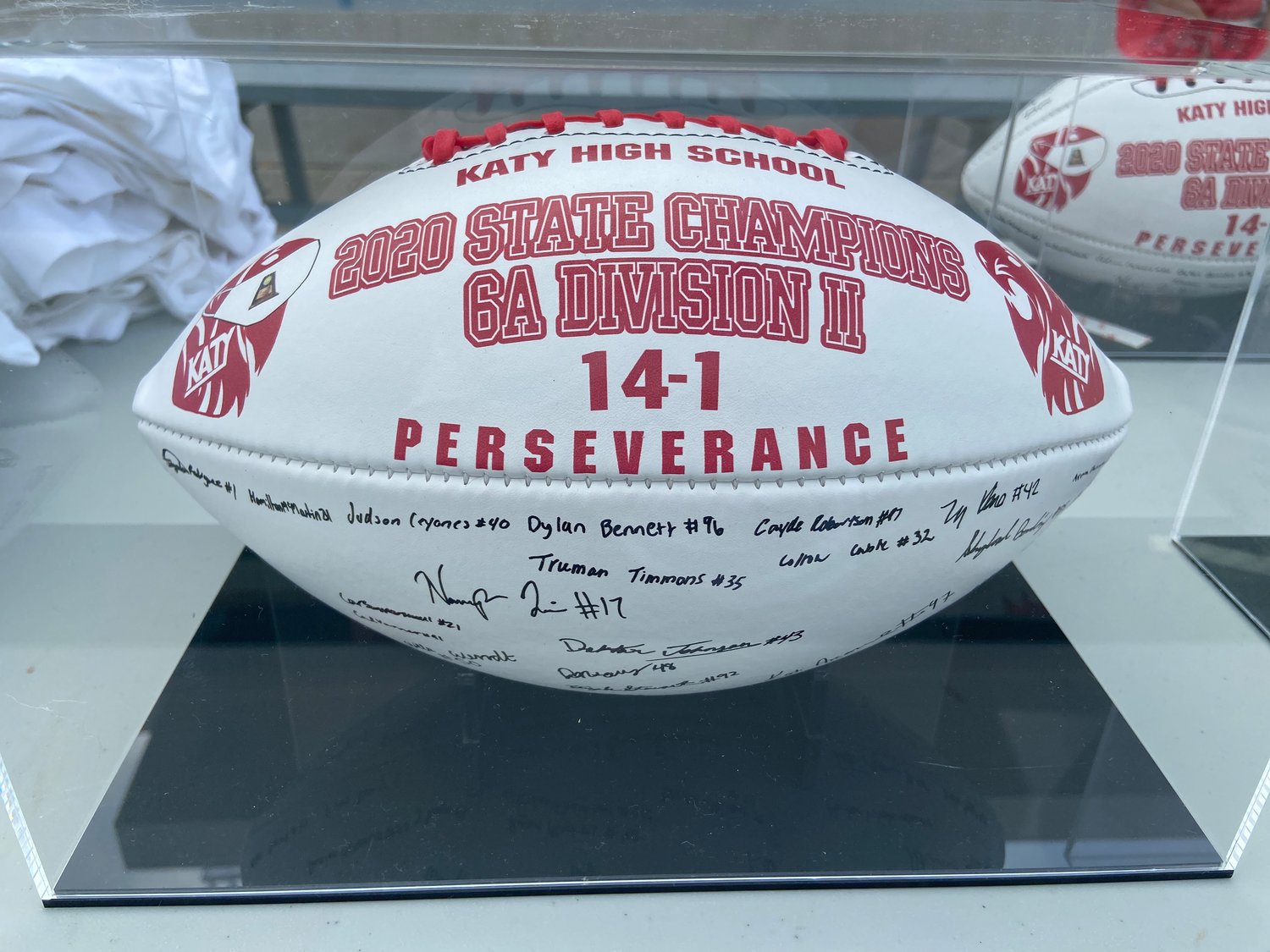 Pictured is one of the 2020 state championship footballs, signed by players, that were awarded to the moms of team captains Taylor Saulsberry, Ty Kana, Shepherd Bowling and Dalton Johnson.